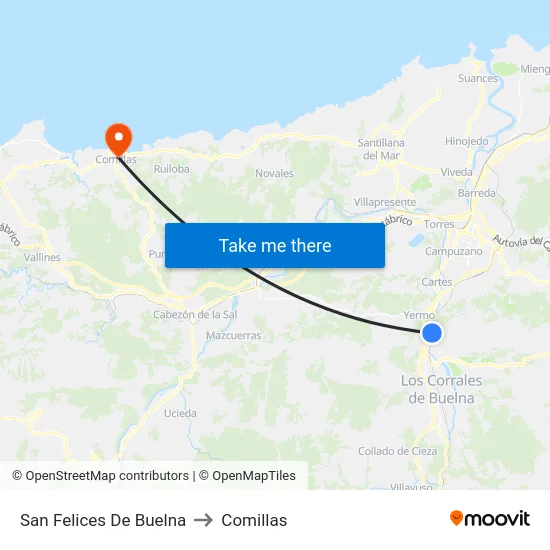 San Felices De Buelna to Comillas map