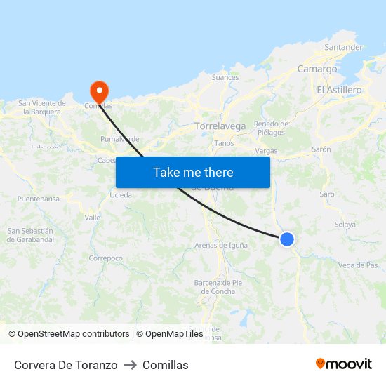 Corvera De Toranzo to Comillas map