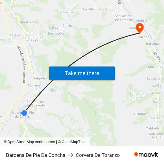 Bárcena De Pie De Concha to Corvera De Toranzo map