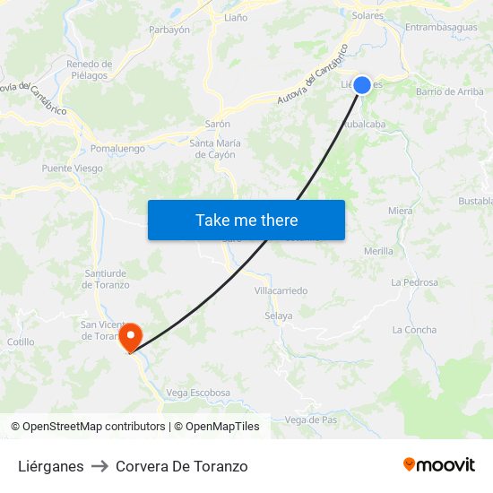 Liérganes to Corvera De Toranzo map