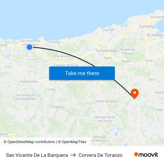 San Vicente De La Barquera to Corvera De Toranzo map