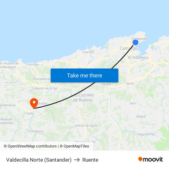 Valdecilla Norte (Santander) to Ruente map