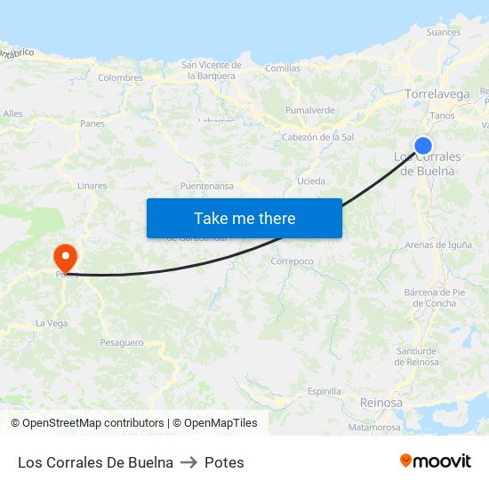 Los Corrales De Buelna to Potes map