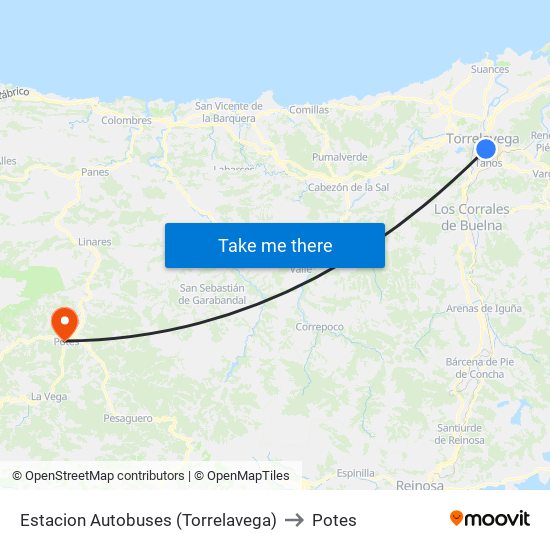 Estacion Autobuses (Torrelavega) to Potes map