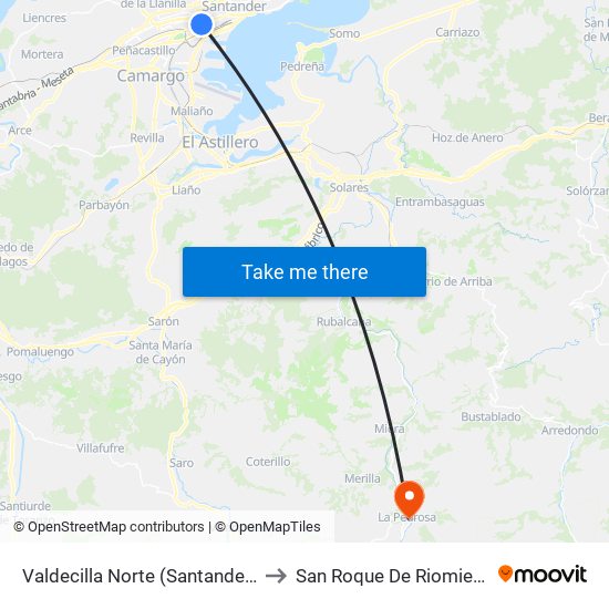 Valdecilla Norte (Santander) to San Roque De Riomiera map