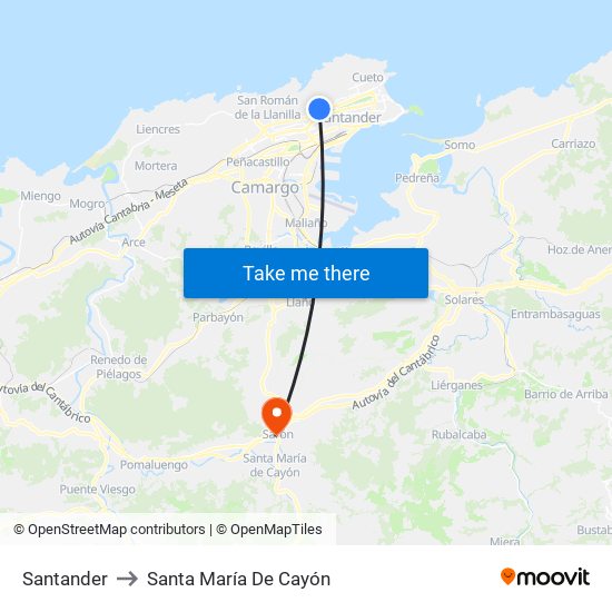 Santander to Santa María De Cayón map