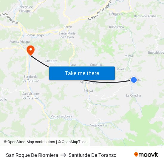 San Roque De Riomiera to Santiurde De Toranzo map