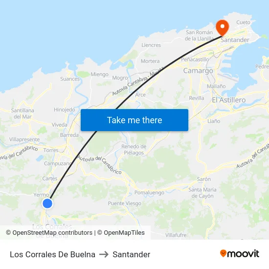 Los Corrales De Buelna to Santander map