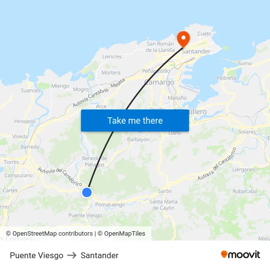 Puente Viesgo to Santander map