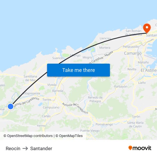 Reocín to Santander map