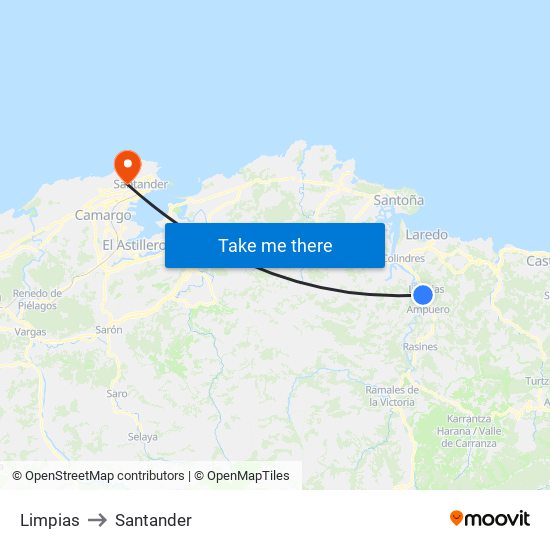 Limpias to Santander map