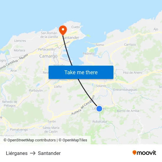 Liérganes to Santander map