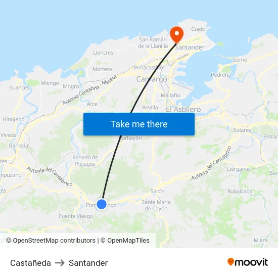 Castañeda to Santander map