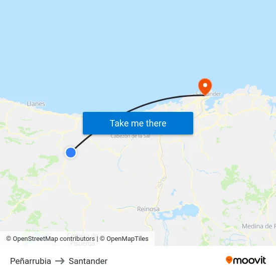 Peñarrubia to Santander map