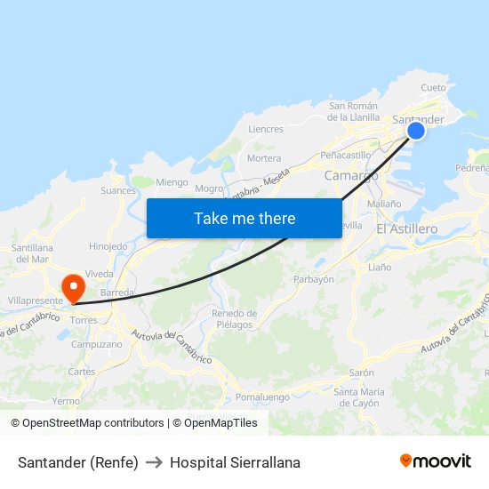 Santander (Renfe) to Hospital Sierrallana map