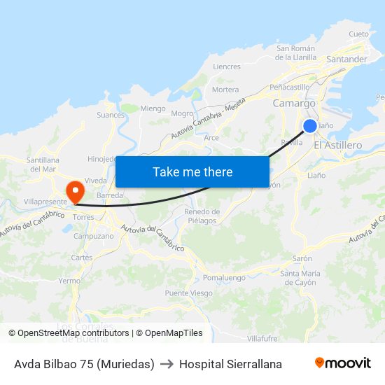 Avda Bilbao 75 (Muriedas) to Hospital Sierrallana map