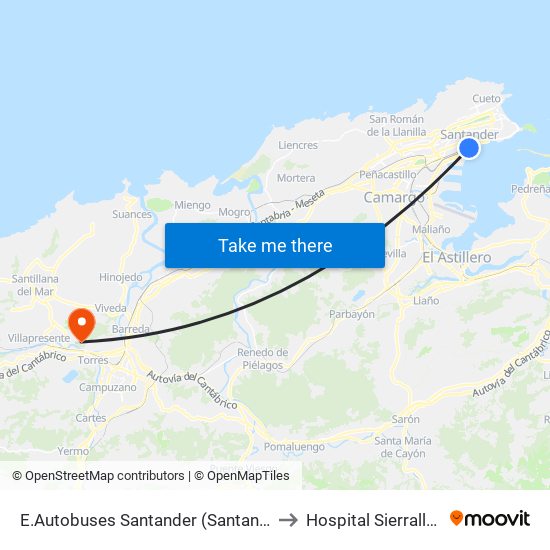 E.Autobuses Santander (Santander) to Hospital Sierrallana map