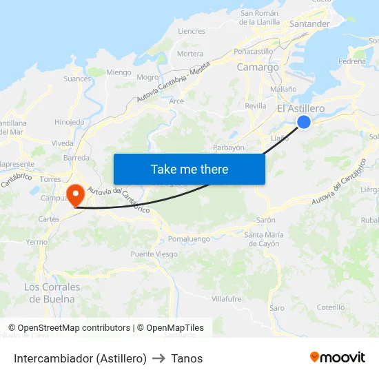 Intercambiador (Astillero) to Tanos map