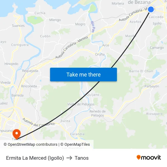 Ermita La Merced (Igollo) to Tanos map