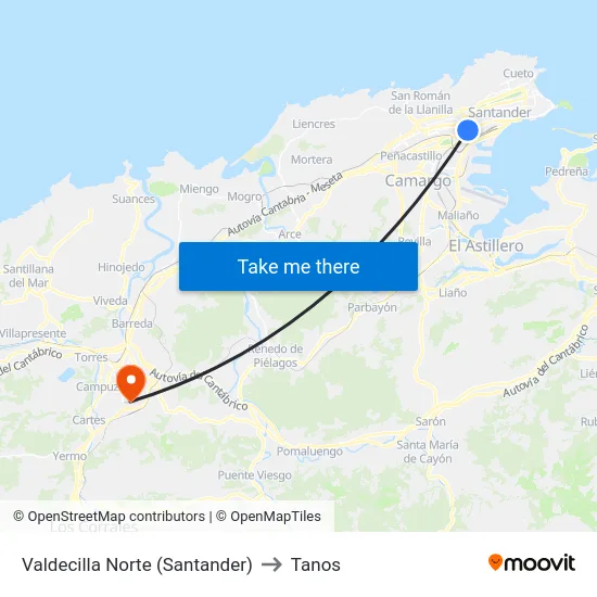 Valdecilla Norte (Santander) to Tanos map