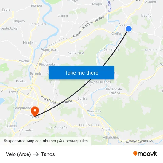 Velo (Arce) to Tanos map