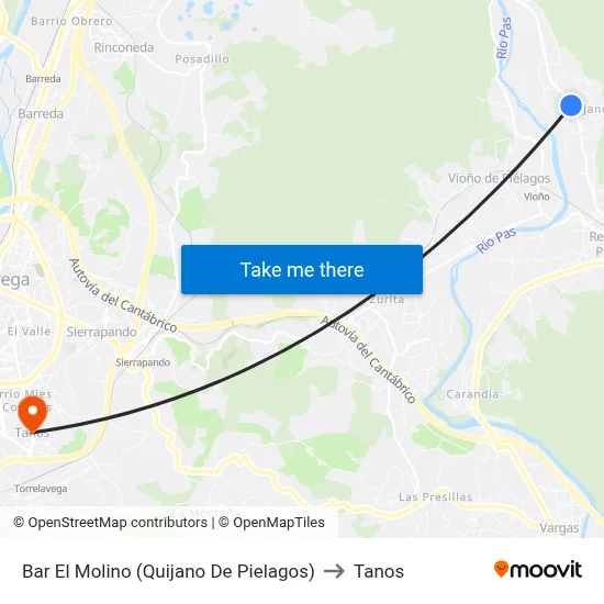 Bar El Molino (Quijano De Pielagos) to Tanos map