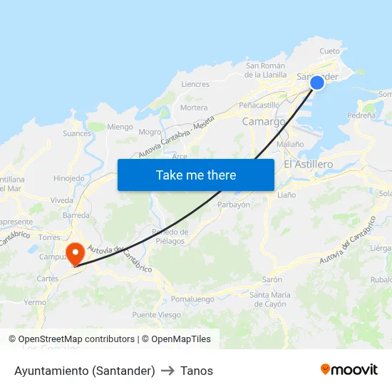 Ayuntamiento (Santander) to Tanos map