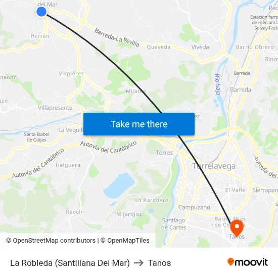 La Robleda (Santillana Del Mar) to Tanos map