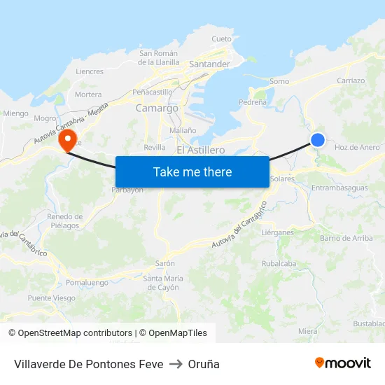 Villaverde De Pontones Feve to Oruña map