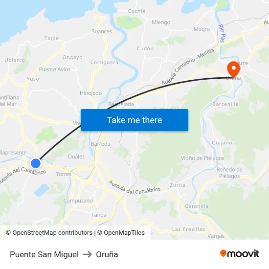 Puente San Miguel to Oruña map