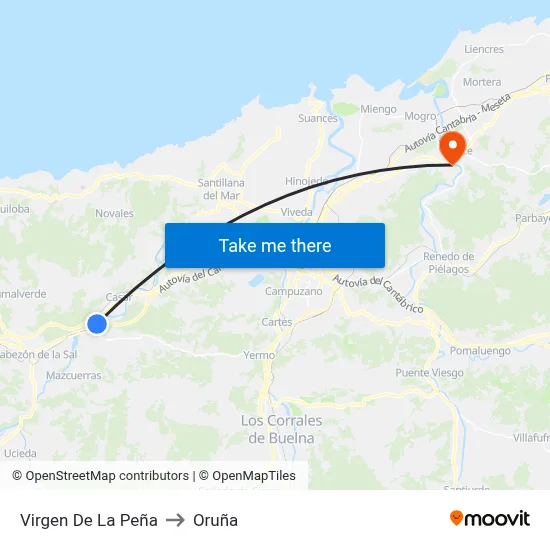 Virgen De La Peña to Oruña map