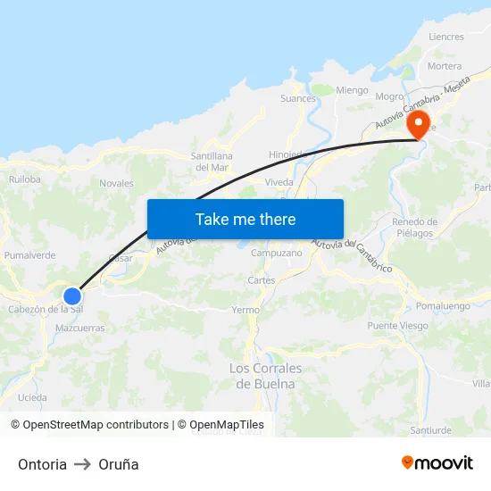 Ontoria to Oruña map