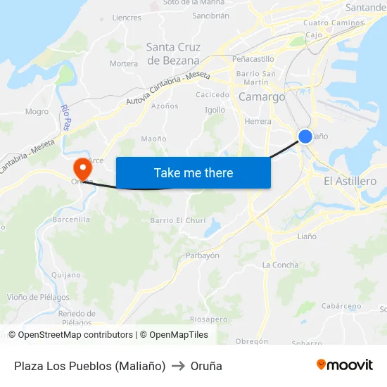 Plaza Los Pueblos (Maliaño) to Oruña map