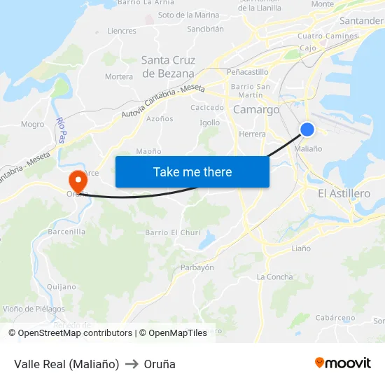 Valle Real (Maliaño) to Oruña map