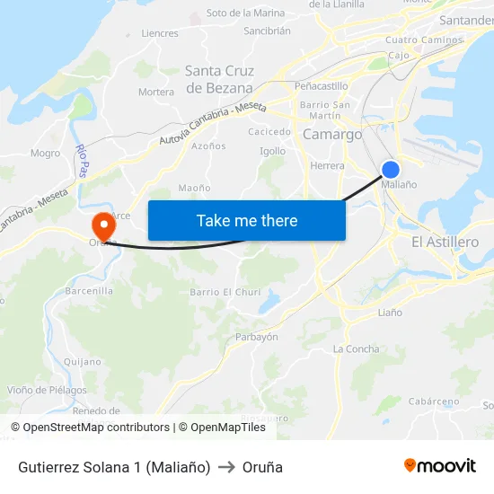 Gutierrez Solana 1 (Maliaño) to Oruña map