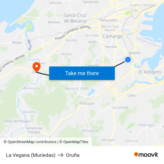 La Vegana (Muriedas) to Oruña map
