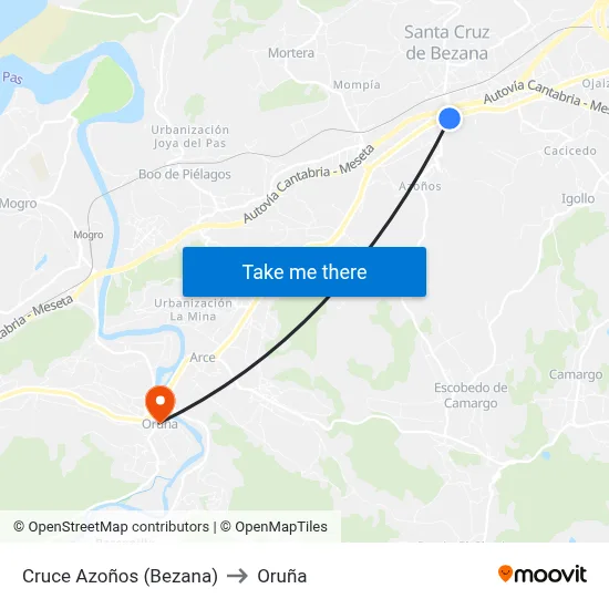 Cruce Azoños (Bezana) to Oruña map