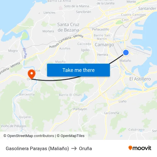 Gasolinera Parayas (Maliaño) to Oruña map
