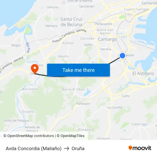Avda Concordia (Maliaño) to Oruña map
