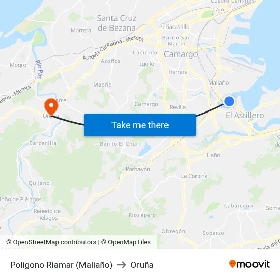 Poligono Riamar (Maliaño) to Oruña map