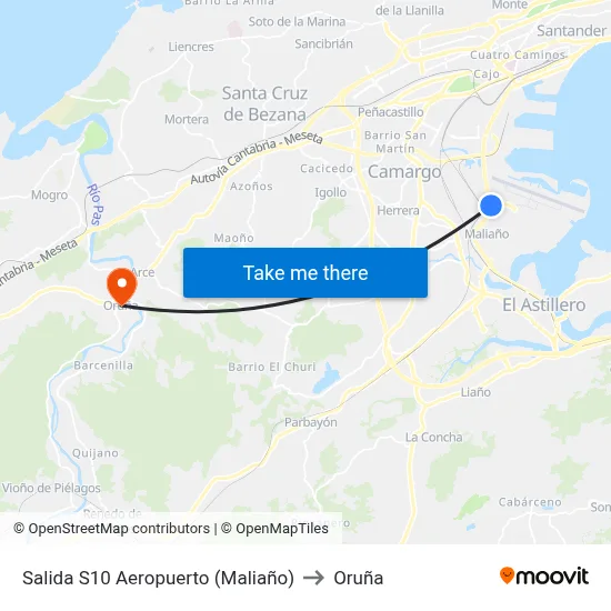 Salida S10 Aeropuerto (Maliaño) to Oruña map