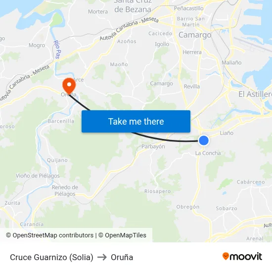 Cruce Guarnizo (Solia) to Oruña map