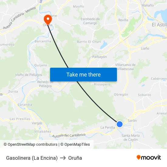 Gasolinera (La Encina) to Oruña map