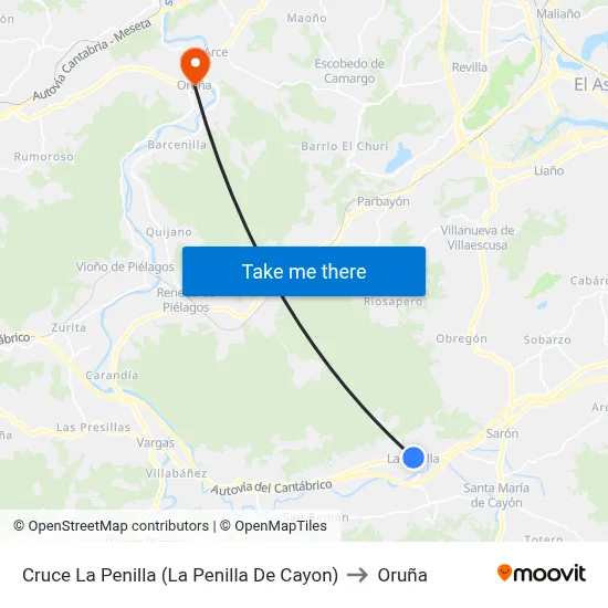 Cruce La Penilla (La Penilla De Cayon) to Oruña map