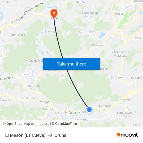 El Meson (La Cueva) to Oruña map