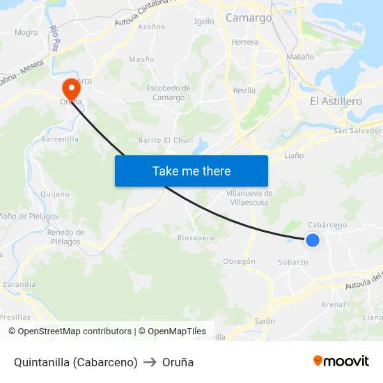 Quintanilla (Cabarceno) to Oruña map