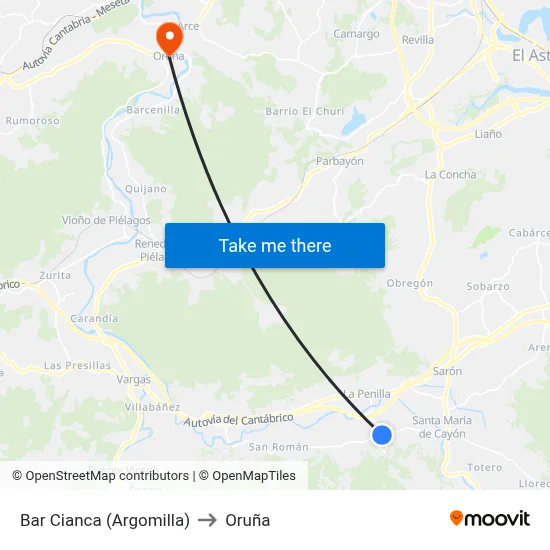 Bar Cianca (Argomilla) to Oruña map