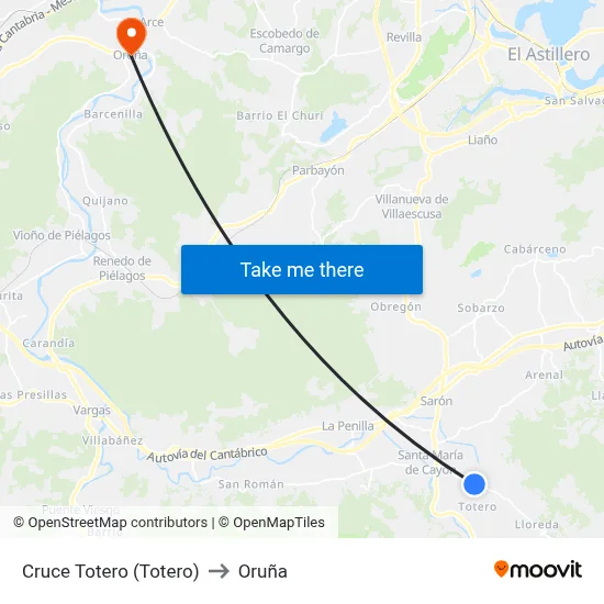 Cruce Totero (Totero) to Oruña map