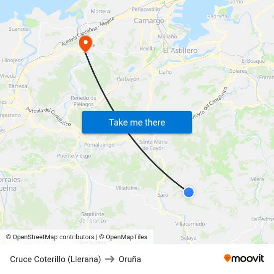 Cruce Coterillo (Llerana) to Oruña map