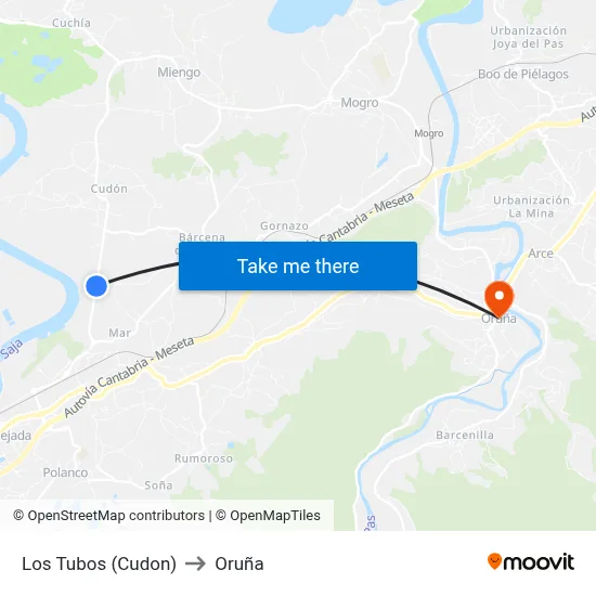 Los Tubos (Cudon) to Oruña map